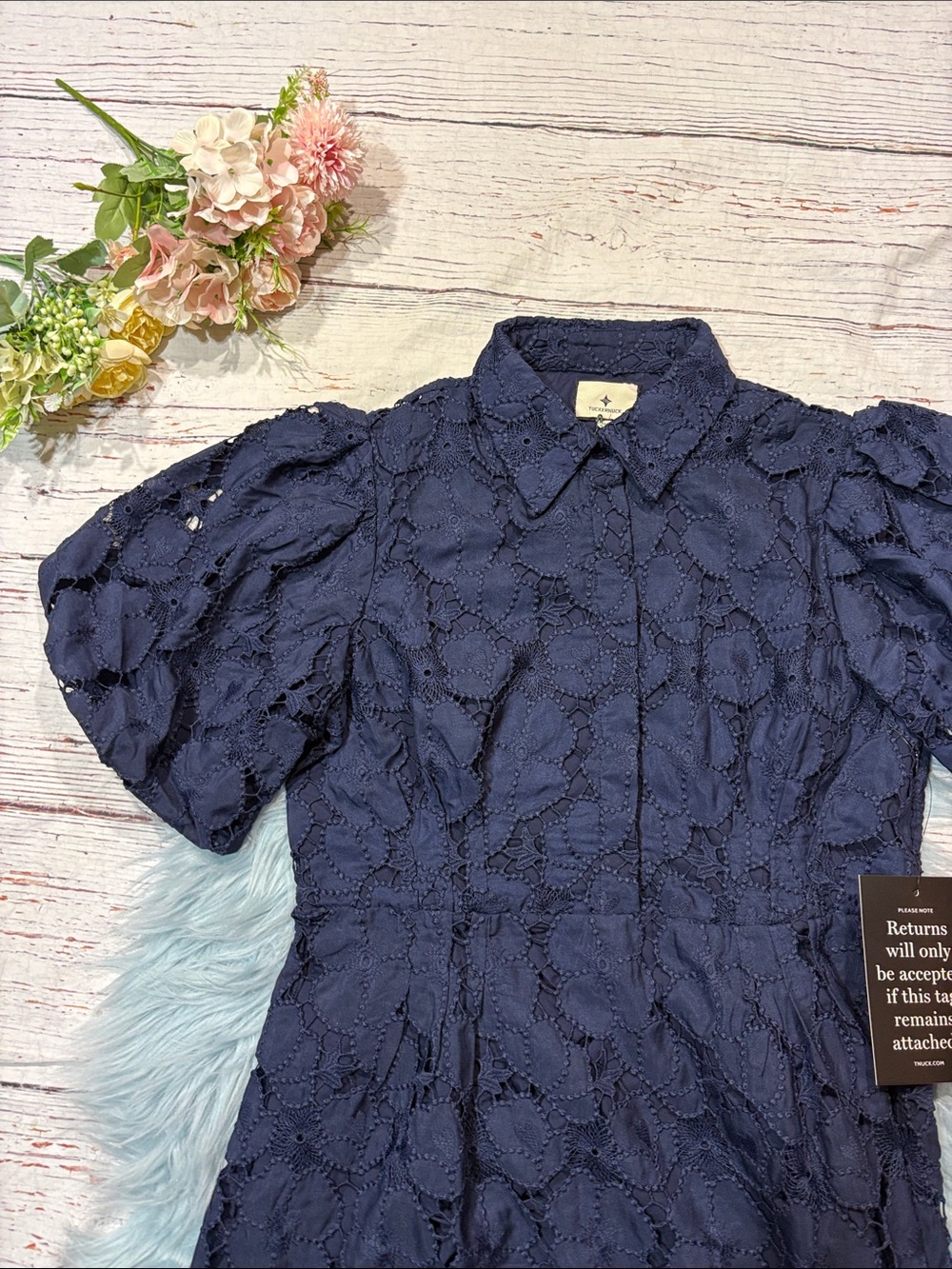 NWT Tuckernuck Navy Eyelet Crochet Floral Delaney Midi Dress - Picture 7 of 10